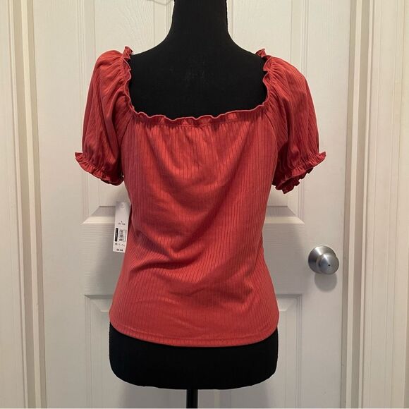 NEW No Boundaries Ruched Front Ribbed Shirt Coral Short Sleeve Junior's Large - Picture 3 of 6